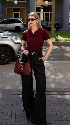 How To Style Dress Pants Business Casual, Red Office Outfits Women, Burgundy Classy Outfit, Corporate Baddie Fall, Autumn Outfits Formal, Formal Classy Outfits For Women, Aesthetic Office Outfits Women, Burgundy Old Money Outfit, Burgundy Office Outfit