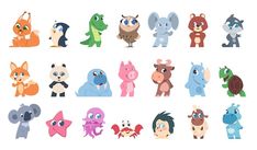 various cartoon animals with different expressions and sizes, all in the same color palettes