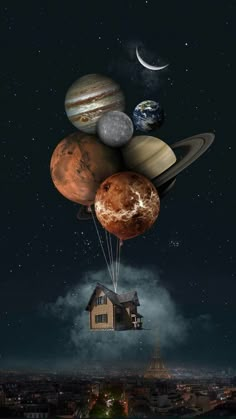 an image of planets floating in the sky with houses and buildings on it's sides