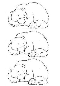 three bears sleeping together with their heads on each other's back and one bear laying down