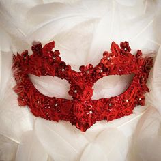 Red Venetian mask with rhinestone and bead embellishments, fabric applique and sequin flowers. Shimmering in every move. Back surface is covered with fabric for comfortable use. Ribbons added both sides to tie. (Ribbons may be slightly different from the picture depending on supply stock Red Mask Masquerade, Masquerade Party Outfit, Red Masquerade Mask, Mascarade Ball, Red Masquerade, Masquerade Ball Outfits, Masquerade Ideas, Black Masquerade Mask, Masquerade Outfit