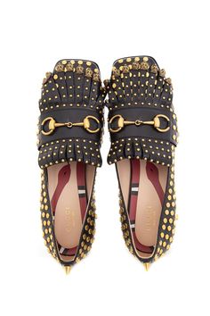 2018 Gucci Black and Gold Studded Polly Leather Heeled Loafer. This item is in good condition.Size: 38Heel: 2.25" Brand = Gucci Shoe Size = 38 Color = Black and Gold Condition = Good Item Number: 21780-644 Item ID: 182738 Category: Loafers Gucci Heeled Loafers, Gucci Shoe, Gold Loafers, Burberry Shoulder Bag, Gucci Heels, Gucci Purse, Gucci Crossbody, Black Loafers, Timeless Handbag