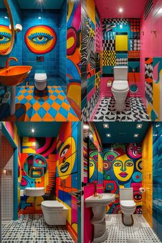 the colorful bathroom has two toilets and a sink