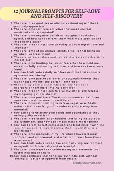 a pink poster with the words, 20 journal prompts for self - love and self discovery