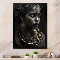 This beautiful 'African American Queen With Traditional Jewelry VII' Framed wall Art is printed using the highest quality fade-resistant ink on canvas. Sitting Room Decor, Product Art, American Queen, African Art Paintings, Traditional Jewellery, African Decor, Black Picture Frames, Flower Canvas, Traditional Jewelry