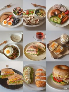 several pictures of different types of food on plates