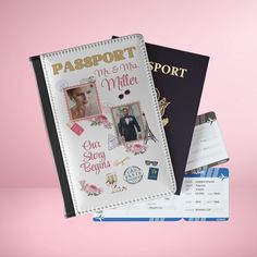 two passport books are next to each other on a pink and white background with an id card