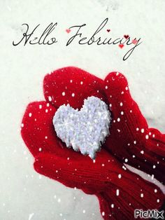 a red glove holding a white heart in it's palm with the words hello february written on it