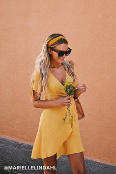 Stylish Dresses for Wedding Guests | Affordable, Appropriate Wedding Guest Dresses | Cocktail and Formal Styles Cute Yellow Dresses, Yellow Wrap Dress, Coast Outfit, Wrap Dress Short, Yellow Outfit, Lulu Dresses, Beachwear For Women, Mellow Yellow, Golden Yellow