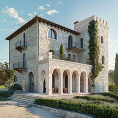 an artist's rendering of a large stone house with two balconies on the second floor