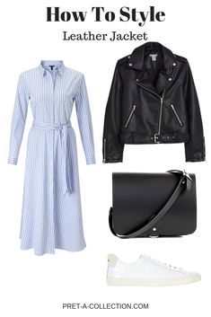 How To Style: Leather Jacket Work Leather Jacket Outfit, Biker Jacket With Dress, Classic Leather Biker Jacket For Spring, Classic White Leather Jacket For Spring, Classic Leather Jacket With Belt, Classic Leather-lined Biker Jacket For Fall, White Dress Leather Jacket Aesthetic, Biker Jacket Outfit, Casual Sport Outfit