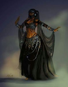 a drawing of a belly dancer in black and silver clothing with her arms outstretched out