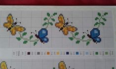 cross stitch chart with butterflies and flowers on it's sides, including the numbers 1 - 3