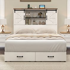 a white bed with two drawers and a book shelf above it in a room that has carpeted flooring