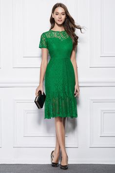 Elegant Knee Length Dresses, Party Dresses With Sleeves, Knee Length Lace Dress, Party Dress Classy, Below The Knee Dresses, Lace Dress Design, Green Lace Dresses, 파티 드레스, Party Dress Short