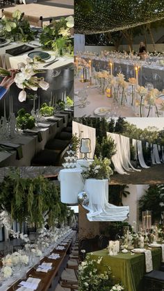 a collage of photos with tables and chairs covered in green tablecloths, flowers and greenery