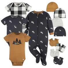 Dress your baby boy in cozy comfort with this multi-piece pack featuring a charming deer theme. The set includes three Onesies Brand Bodysuits that are secured with snaps at the legs and feature a lap shoulder neckline, making it easy to remove the garment down over the legs if needed. The Sleep N' Play has an inverted zipper with a zipper protector for convenience and safety. With four cotton caps and four mittens, this set has everything you need. All items are machine washable for easy care a Deer Theme, Baby Size Chart, Baby Layette, Boy Stuff, Baby Fits, Layette Set, Gerber Baby, Stylish Baby, Toddler Boy Outfits