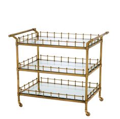 three tiered brass serving cart with glass shelves