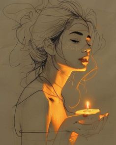 a drawing of a woman holding a lit candle in her hand and looking down at it