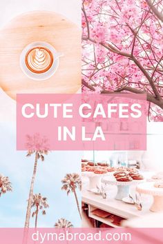 the words cute cafes in la are shown above photos of pink flowers and palm trees