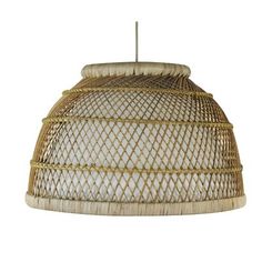 a large bamboo light fixture hanging from a ceiling lamp with wicker shades on it