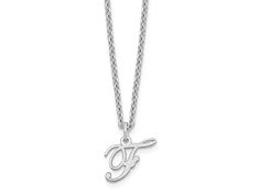 Rhodium over sterling silver polished finish letter "F" initial necklace with 18-inch long cable chain and lobster claw clasp. Pendant measures approximately 7/16"L x 3/8"W. F Necklace, F Initial, Letter F, Initial Necklace, Cable Chain, Lobster Claw, Initials, Cable, Sterling Silver