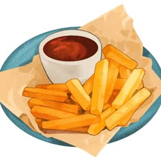 a painting of french fries and ketchup on a blue plate with parchment paper