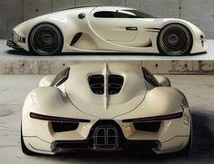 two views of the front and back of a white sports car