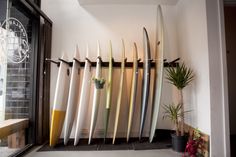 there are many surfboards lined up against the wall