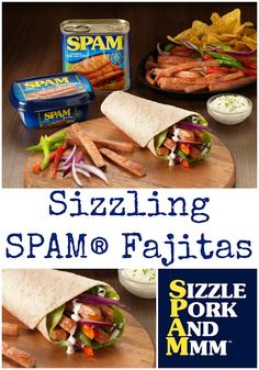 two pictures with different types of food on them and the words sizzling spam fajitas