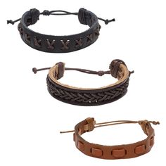 Lightweight bracelets are made of leather and are adjustable with a knot closure. Ready-to-wear bracelets are ideal for gift-giving, counter sales or extending current jewelry lines. Colors, shapes and sizes may vary in each lot. Leather Dye, Cotton Cord, Waxed Cotton, Everyday Jewelry, Leather Craft, Personalized Jewelry, Leather Bracelet, Dark Brown, Black And Brown