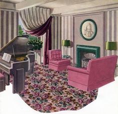 a drawing of a living room with pink furniture and a piano in the center area