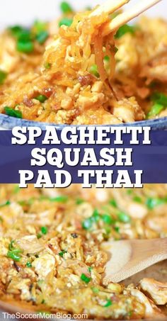 spaghetti squash pad thai rice with chopsticks in it and the words spaghetti squash pad thai