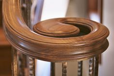 a close up of a wooden stair case