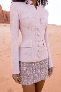 blazer and skirt Tweed Blazer Outfit Women, Lady Suits, Baby Dress Embroidery, Tweed Skirt Suit, Rami Kadi, Symbol Of Life, Money Fashion, Elegant Mini Dress, Pink Tweed