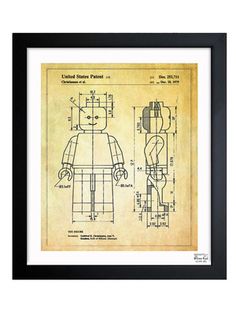 a framed drawing of a lego figure with the instructions for it's body and head