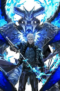 an anime character holding two swords in front of a blue demon with wings on his back