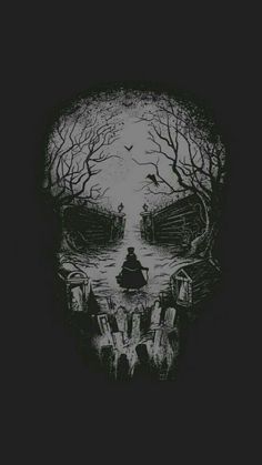 a black and white drawing of a skull in the middle of a forest with trees