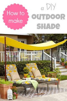 an outdoor seating area with yellow canopy and potted plants