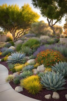 Sloped desert garden featuring large blue agave, orange California poppies, and ornamental grasses with mature trees providing dappled shade Drought Tolerant Landscape Front Yard, Landscape Front Yard, Front Yard Ideas, Colorful Desert, Water Wise Landscaping, Succulent Landscape Design, Bermuda Grass, Blue Succulents, Drought Resistant Plants