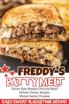 a close up of a sandwich on a plate with text overlay that reads, friedy's patty melt slices rye bread ground beef white onion butter slices