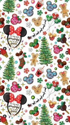 mickey and minnie mouse christmas decorations on white fabric with trees, snowflakes, and other holiday themed items