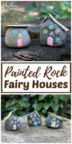 painted rock fairy houses with text overlay