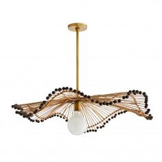 a chandelier with black beads hanging from it's golden metal frame and light bulb