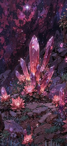 some pink flowers and rocks with stars in the background