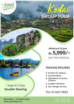 a flyer for a travel tour with mountains and lakes in the background, along with text that reads kodal group tour