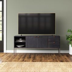 a flat screen tv sitting on top of a wooden entertainment center next to a potted plant