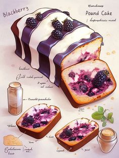 a cake with blueberries and cream on it is shown in this drawing, surrounded by other items