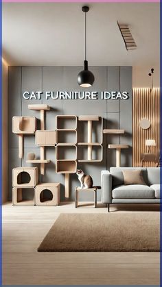 the cat furniture is displayed in this modern living room