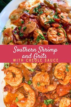 some shrimp and grits on a plate with the words southern shrimp and grits